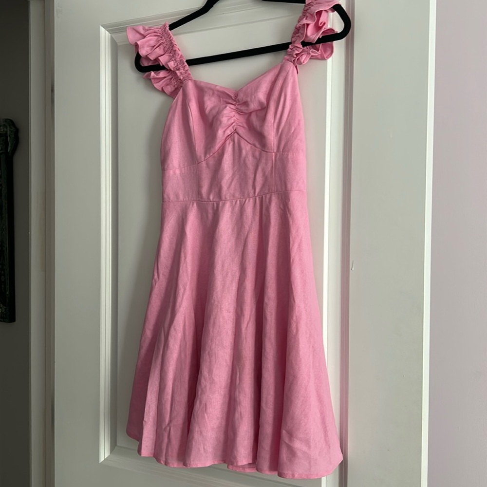 Mi Ami Francesca's Dress Womens Small Pink Ruffle Flutter Sleeve Linen